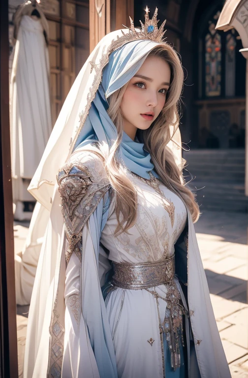 Elegant armor,princess, Full body, wearing a hijab , crown luxury , blue eye, blond hair, around 17 years old, (red silver hijab), tmasterpiece，Best quality at best，A high resolution，8K，((Portrait))，(upper body)，Original photo，real photograph，digital photography, (Medieval angel princess in fantasy style), sexy princess ，blue eye， super colossal breast, pointy colossal breast extravagant ornament，cparted lips，Keep your mouth shuegant and charming，((Blushing))，virgin content，Calm and handsome，(Medieval fantasy armor, The Beautiful super pointy breast, small waist, perfect colossal breast of princess body, a blue delicate pattern，red Cloak)，(anhelic princess character medieval fantasy style，oc render reflection texture, sexy style,  sexy colossal breast , medieval castle background, slim body, very small waist, (luxury armor pattern) , super slim , sexy style, angel 4 wings