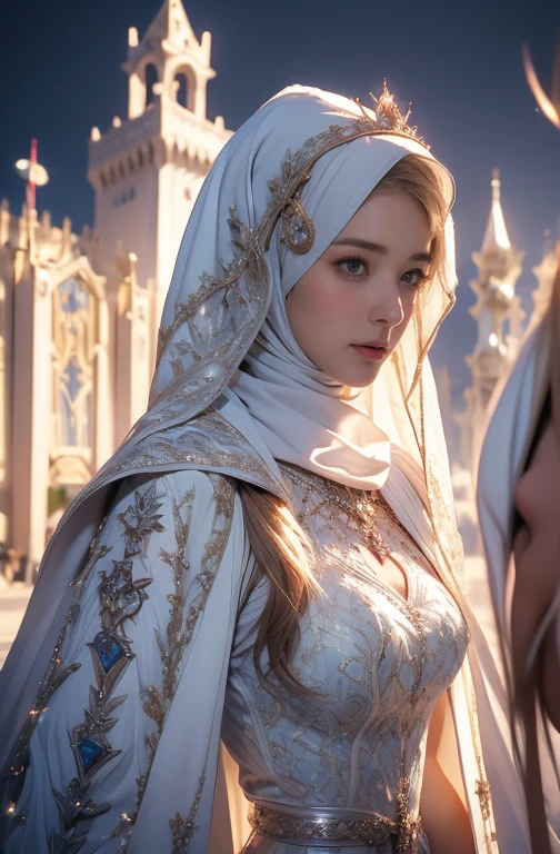 Elegant armor,princess, Full body, wearing a hijab , crown luxury , blue eye, blond hair, around 17 years old, (red silver hijab), tmasterpiece，Best quality at best，A high resolution，8K，((Portrait))，(upper body)，Original photo，real photograph，digital photography, (Medieval angel princess in fantasy style), sexy princess ，blue eye， super colossal breast, pointy colossal breast extravagant ornament，cparted lips，Keep your mouth shuegant and charming，((Blushing))，virgin content，Calm and handsome，(Medieval fantasy armor, The Beautiful super pointy breast, small waist, perfect colossal breast of princess body, a blue delicate pattern，red Cloak)，(anhelic princess character medieval fantasy style，oc render reflection texture, sexy style,  sexy colossal breast , medieval castle background, slim body, very small waist, (luxury armor pattern) , super slim , sexy style, angel 4 wings