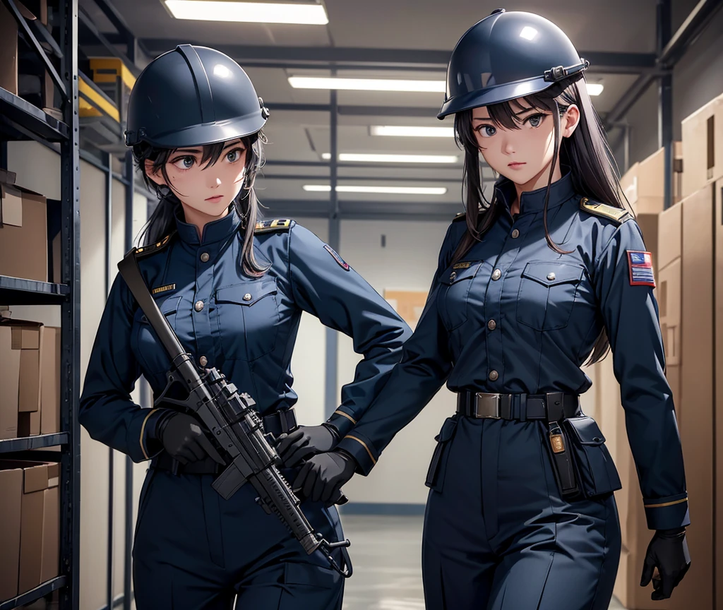 A group of female soldiers in navy blue uniforms、Wear a steel helmet、Military Pants、Individual equipment set、Indoor warehouse、Fight with guns、Write details、masterpiece、best quality、Highly detailed CG、8K picture quality