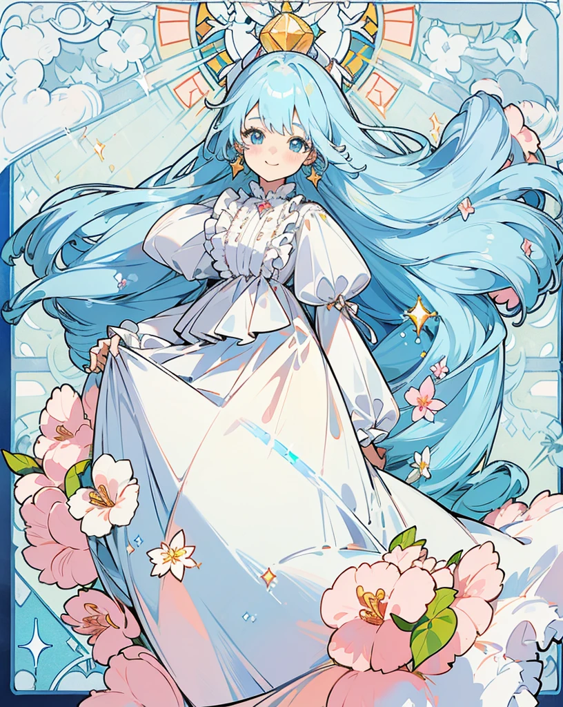 (No exposed skin, long-sleeved blouse with frills), (Solo), Very cute girl (1), Peach and colorful flowers in the background, Large stained glass, Sunlight shining through, ((Super long light blue hair, tied hair and earrings)), (Best smile), Dynamic, (Light blue eyes), (Sparkle) (Detail object)