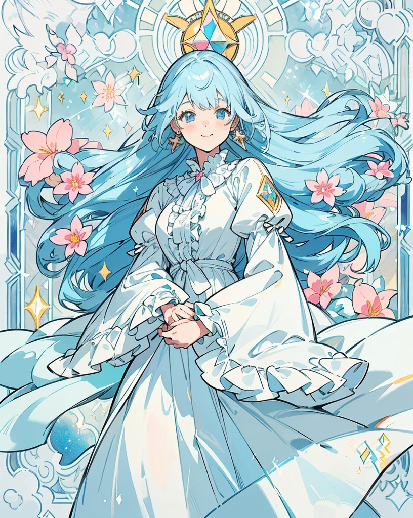 (No exposed skin, long-sleeved blouse with frills), (Solo), Very cute girl (1), Peach and colorful flowers in the background, Large stained glass, Sunlight shining through, ((Super long light blue hair, tied hair and earrings)), (Best smile), Dynamic, (Light blue eyes), (Sparkle) (Detail object)