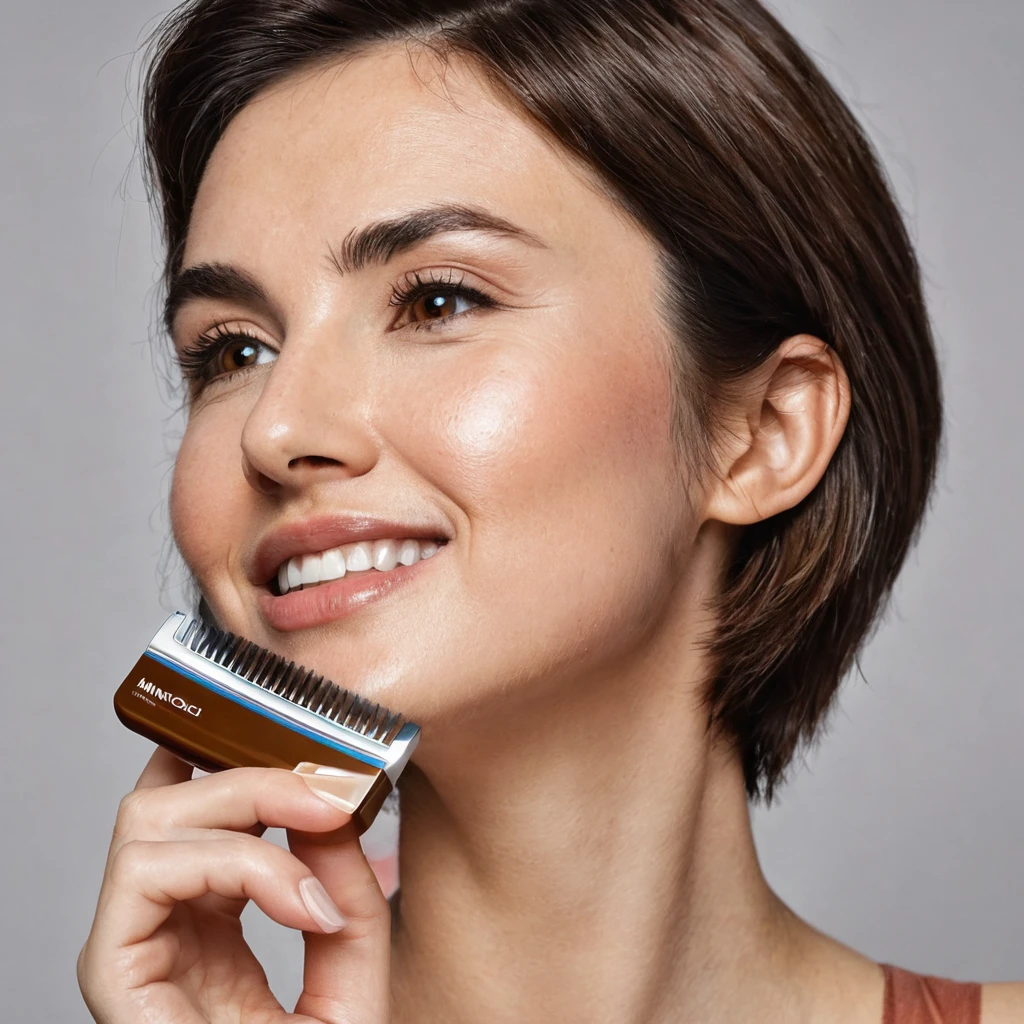 bearded woman, cheek hair, neck hair, shaggy, brown hair, hold a pack of minoxidil beard