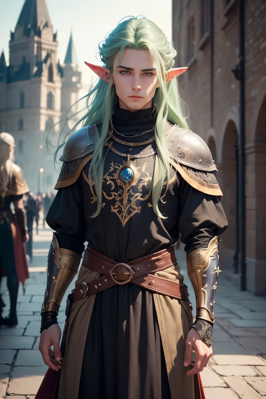 ((best quality)), ((masterpiece)), (detailed), Prize-winning works, with incredible details, maximum textures and details, uhd ,8K,super resolution ,depth of field, retina, masterpiece, anatomically correct, textured skin, super detail, high details, highres ,1 Male Elf Medieval Fantasy RPG Adventurer,hair in the wind,very long light green hair ,similar to the work of JRR Tolkien,black long cape ,lightweight armour,fully body, hyper-detailed piercing eyes , (25 year old young man :1.1,detailedeyes, face detailed, whole body:1.1,the background is a magnificent castle ),(best qualityer:1.2,ultra detali:1.1,realisitic:1.37) ,eyeshadows,sharp focus,swirly vibrant colors,)