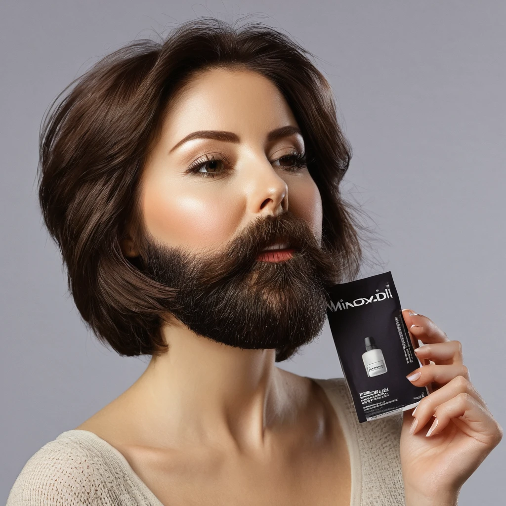 bearded woman, cheek hair, neck hair, shaggy, brown hair, hold a pack of minoxidil beard