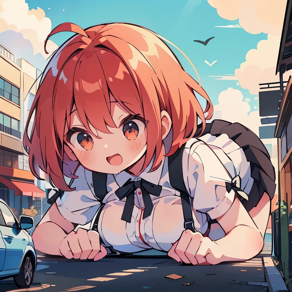 (of the highest quality), (high_resolution), Distinct_image, Detailed background, (Lori:1.3), (Illustration of a girl much larger than a building:1.4), (cute design:1.2), (Her breasts are exaggerated to be several times larger than her face:1.5), (Red Hair:1.4), Short Hair, (White puff sleeve dress:1.4), (black suspender skirt:1.8), Black ribbon at neck, Scarlet Eyes, (A powerful perspective looking up at the girl), Open Mouth, concept art, (One person), (beautiful detailed glow:1.2), dynamic angle, (On all fours:1.4), (Blue sky), (Outdoor:1.2), (Girl looking down at car:1.7), (Close-up of a girl), (Beautiful gradation), Beautiful contrast,Wicked Smile,(chest touches the ground:1.3),(surprised:1.2),(Clothed Big Tits),Short sleeves,(Highlights on the chest:1.2)