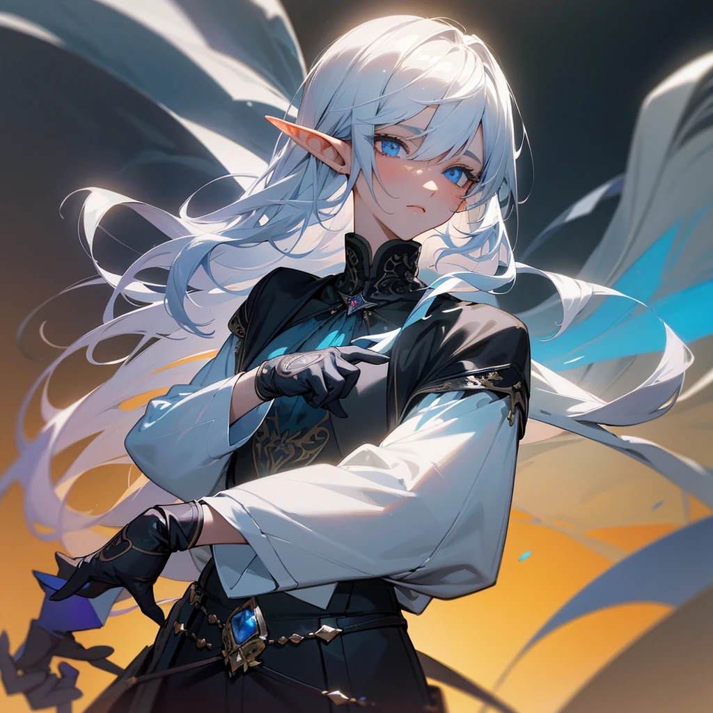 elegant androgynous elf with cool blue-violet heterochromia eyes, wearing a white shirt, black slacks, and black gloves, silver straight hair, (best quality,8k,highres,masterpiece), extremely detailed facial features, intricate details, natural lighting, warm colors, soft focus, digital painting, fantasy art