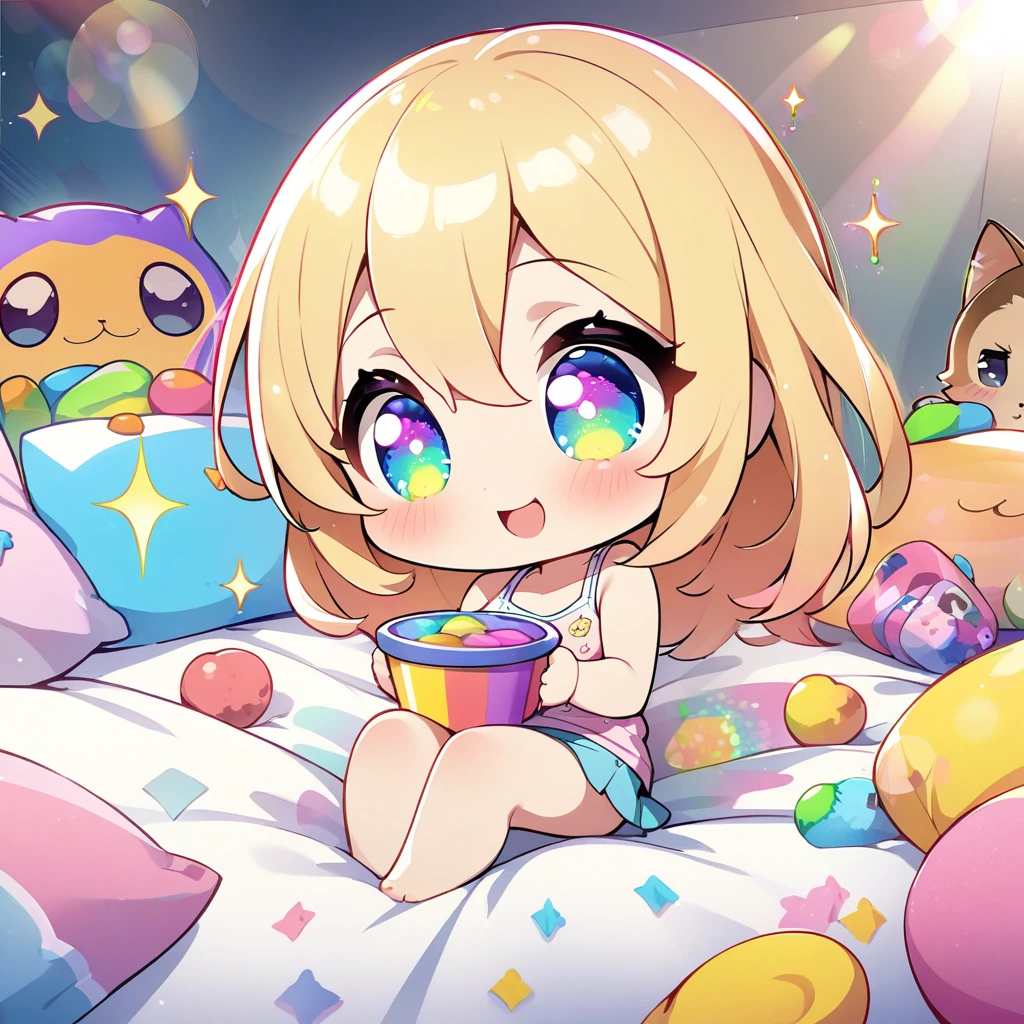 masterpiece, best quality, 4k、2D illustration、one beautiful girl、solo、(((chibi style)))、((vivid colors))、cute chibi、lovely chibi、long beautiful hair, glossy blonde hair, hair between eyes, cute、beautifully detailed eyes、((tank top))、((miniskirt))、((colorful))、((happy smile))、sitting on bed、((full body shot))、((kitten)), ((lots of colorful stuff around))、((bed))、sparkle、((lens flare))、
