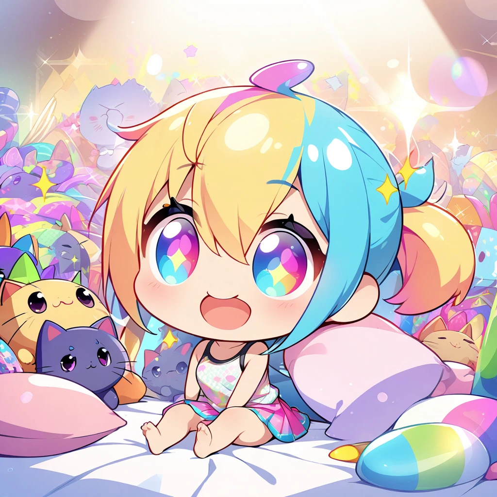 masterpiece, best quality, 4k、2D illustration、one beautiful girl、solo、(((chibi style)))、((vivid colors))、cute chibi、lovely chibi、long beautiful hair, glossy blonde hair, hair between eyes, cute、beautifully detailed eyes、((tank top))、((miniskirt))、((colorful))、((happy smile))、sitting on bed、((full body shot))、((kitten)), ((lots of colorful stuff around))、((bed))、sparkle、((lens flare))、