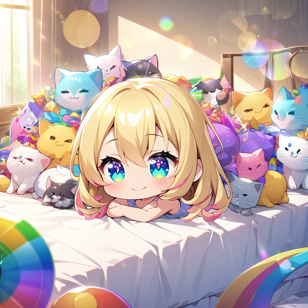 masterpiece, best quality, 4k、2D illustration、one beautiful girl、solo、(((chibi style)))、((vivid colors))、cute chibi、lovely chibi、long beautiful hair, glossy blonde hair, hair between eyes, cute、beautifully detailed eyes、((tank top))、((miniskirt))、((colorful))、((happy smile))、sitting on bed、((full body shot))、((kitten)), ((lots of colorful stuff around))、((bed))、sparkle、((lens flare))、