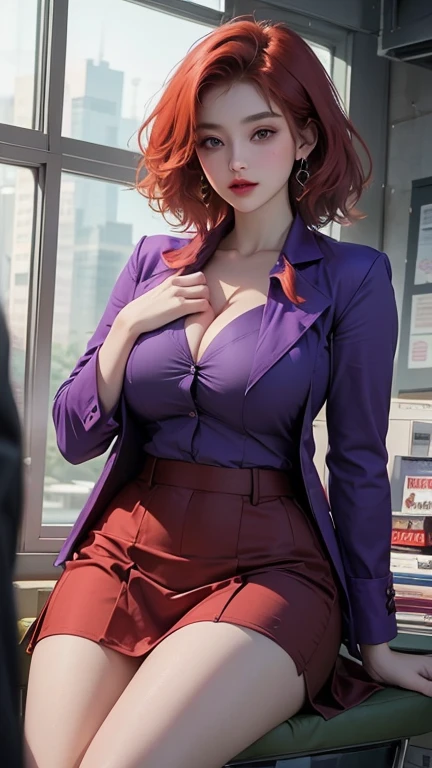 (((Full and soft breasts,)))(((Huge breasts))) (((Cleavage))) (Perfect curvy figure)An attractive sexy hexagonal girl with a big breast wearing red hair, Messy Cut, Her green eyes, Wearing a purple button-down office jacket and a purple long skirt，Wear it with black heels. 