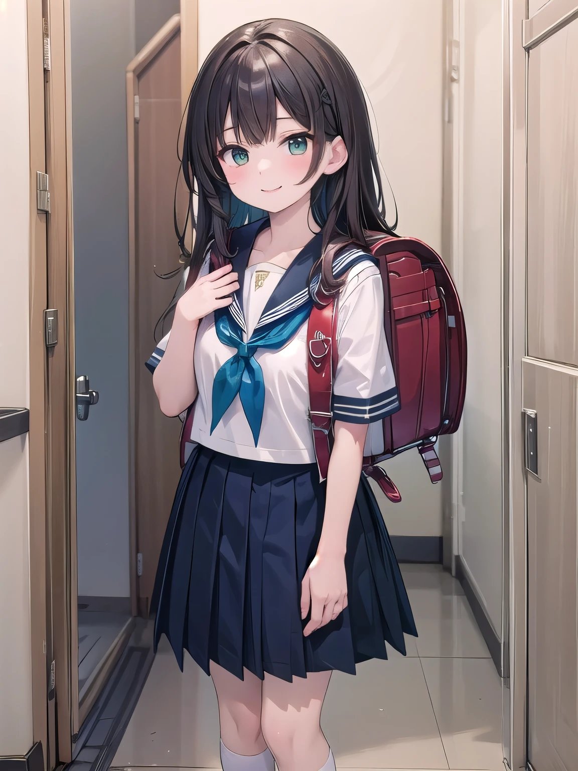 best quality, 1girl, long hair, brown hair, shirt hair, green eyes, serafuku, (white/blue, japanese school shirt), sailor collar, cyan sailor collar, neckerchief, short sleeves, blue skirt, white socks, black shoes, smile, standing, indoor, wearing school backpack, (backpack:1.2)