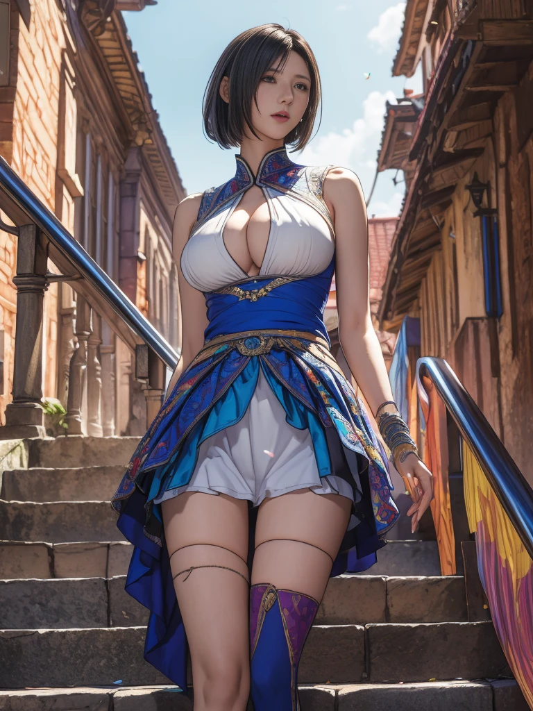 best quality, official art, masterpiece, textile shading, HDR, very detailed, colorful, best details, fantasy, battle costume:1.5, Song Joo A:1.5, 1 female, 25 years old, black hair, short hair, up bang hair, one length, best quality, official art, masterpiece, textile shading, HDR, very detailed, colorful, best details, fantasy, standing on stairs, a castle town with an old castle view, sunny, random hair, big breast, skinny, Surrounded by a large crowd:1.9, Confetti flutters, Blessed, Being welcomed:1.5, cameltoe:1.3, ground level shot:,