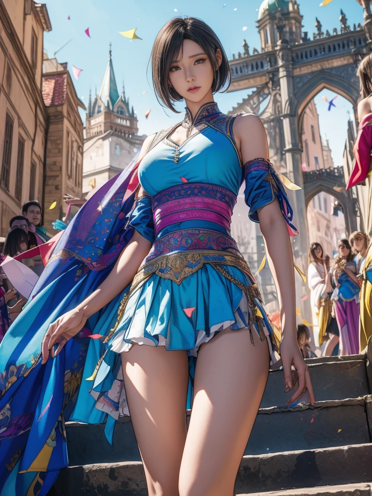 best quality, official art, masterpiece, textile shading, HDR, very detailed, colorful, best details, fantasy, battle costume:1.5, Song Joo A:1.5, 1 female, 25 years old, black hair, short hair, up bang hair, one length, best quality, official art, masterpiece, textile shading, HDR, very detailed, colorful, best details, fantasy, standing on stairs, a castle town with an old castle view, sunny, random hair, big breast, skinny, Surrounded by a large crowd:1.9, Confetti flutters, Blessed, Being welcomed:1.5, cameltoe:1.3, ground level shot:,