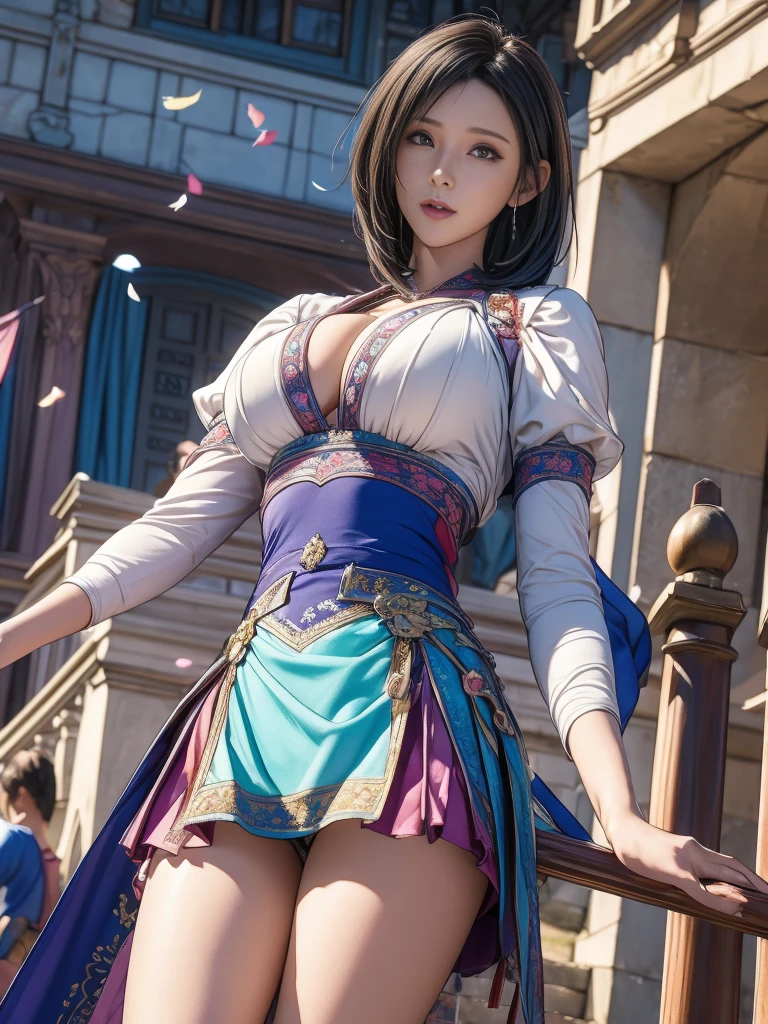 best quality, official art, masterpiece, textile shading, HDR, very detailed, colorful, best details, fantasy, battle costume:1.5, Song Joo A:1.5, 1 female, 25 years old, black hair, short hair, up bang hair, one length, best quality, official art, masterpiece, textile shading, HDR, very detailed, colorful, best details, fantasy, standing on stairs, a castle town with an old castle view, sunny, random hair, big breast, skinny, Surrounded by a large crowd:1.9, Confetti flutters, Blessed, Being welcomed:1.5, cameltoe:1.3, ground level shot:,