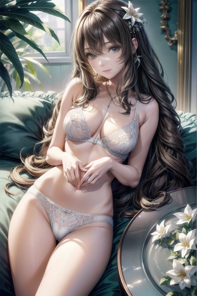 (masterpiece:1.3, Highest quality, Ultra-high resolution, Super detailed), (Realistic, photoRealistic:1.4), Beautiful illustrations, Perfect lighting, colorful, Depth of written boundary, Beautiful detailed hair, Beautifully detailed face, Beautiful fine details, Beautiful clavicle, Beautiful body, Beautiful , Beautiful thighs, Beautiful feet, Beautiful fingers, View your viewers, 1 girl, Perfect Face, (Perfect Anatomy, Anatomically correct), Cute and symmetrical face, Baby Face, , Shiny skin, (Brown Hair), Hair between the eyes, Dark green eyes, Droopy eyes, Big eyes, Long Eyelashes, (((Luxury underwear)))、((white floral underwear))),(bra、Embroidery pattern)、(((pantiesdery pattern)))、(Beautiful views), Bright lighting、smile、laughing,(((semen)))、(((Thle body is visible)))
