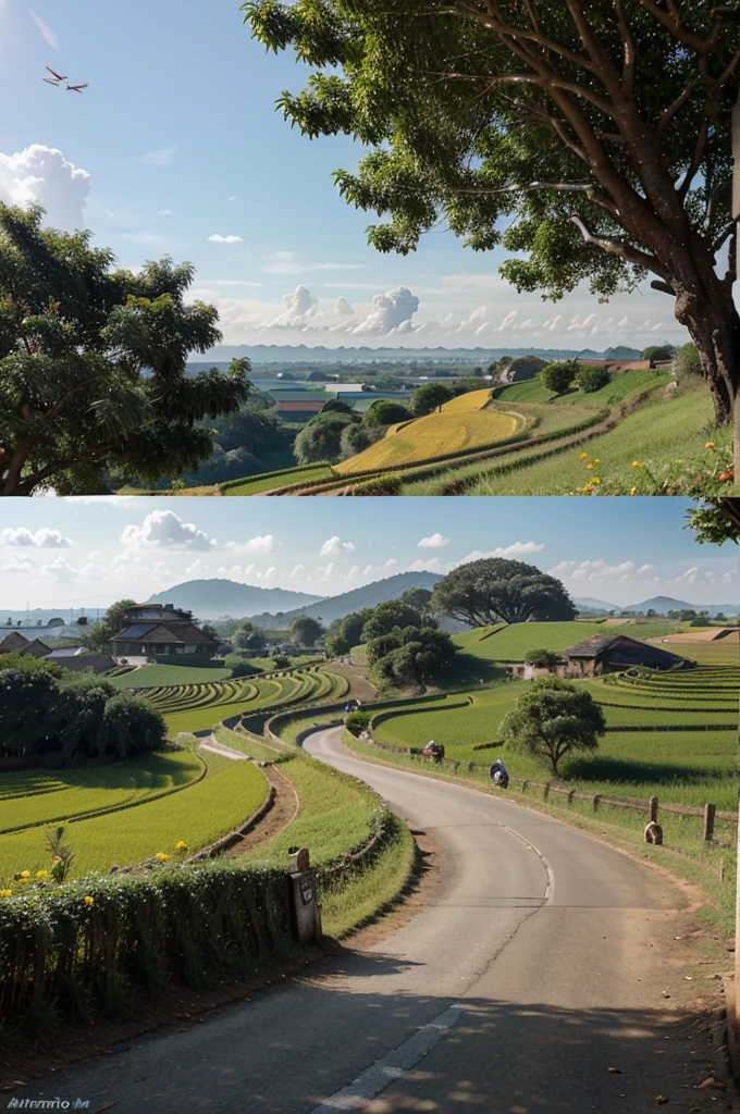 create images of afternoon in the Vietnamese countryside, view from the mountain, is a curved road with layers of silt on both sides, Surrounded by golden fields and a few dragonflies flying above the fields, On the road are images of children playing and flying kites, chase each other happily, In the distance is a house with smoke rising from the chimney, next to the banyan tree with the tree's shadow falling to one side following the late afternoon sunlight