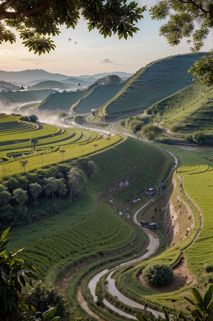 create images of afternoon in the Vietnamese countryside, view from the mountain, is a curved road with layers of silt on both sides, Surrounded by golden fields and a few dragonflies flying above the fields, On the road are images of children playing and flying kites, chase each other happily, In the distance is a house with smoke rising from the chimney, next to the banyan tree with the tree&#39;s shadow falling to one side following the late afternoon sunlight