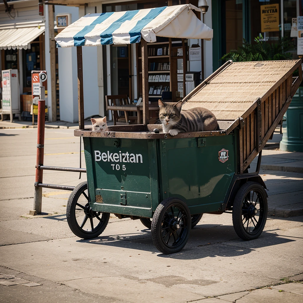 A kitten ran among the carts in town