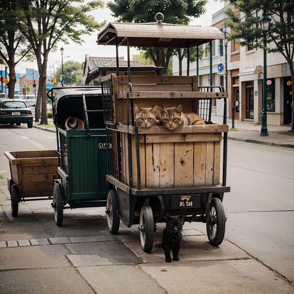 A kitten ran among the carts in town