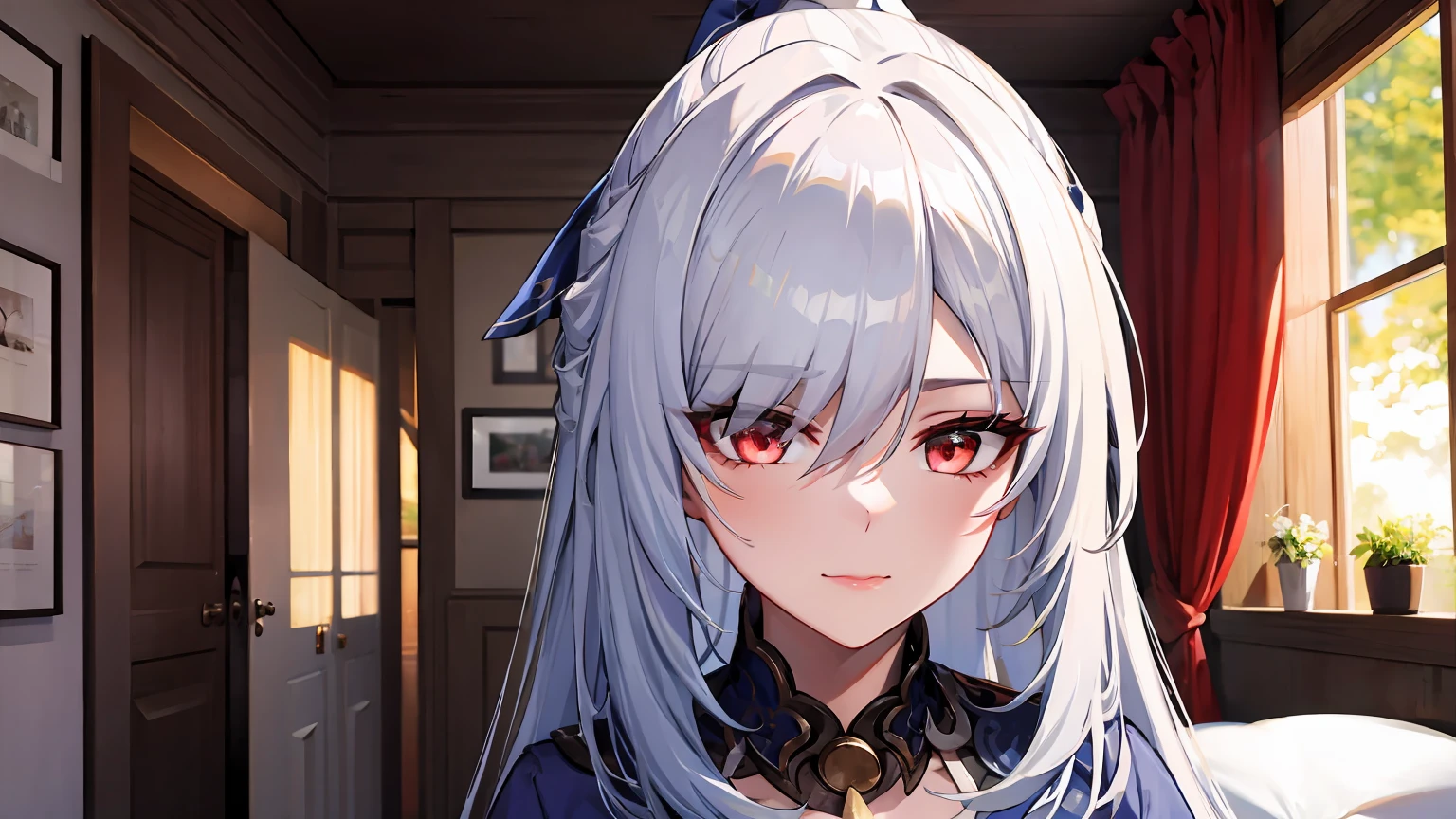 masterpiece, best quality, JingliuV5, white hair, long hair, red eyes, white dress, white sailor collar, white scarf, sitting on bed, indoors, bedroom, windows, blue sky, warm smile, upper body. closed mouth,