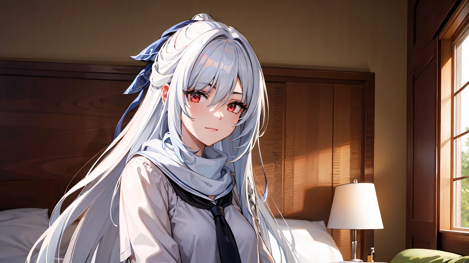 masterpiece, best quality, JingliuV5, white hair, long hair, red eyes, white dress, white sailor collar, white scarf, sitting on bed, indoors, bedroom, windows, blue sky, warm smile, upper body. closed mouth,
