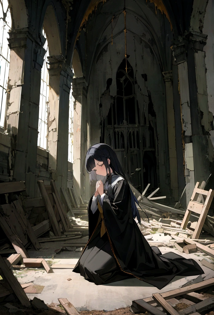 night、A woman kneels and prays in a spooky abandoned church。Saint&#39;s Clothes。Collapsed building。The end of the world。