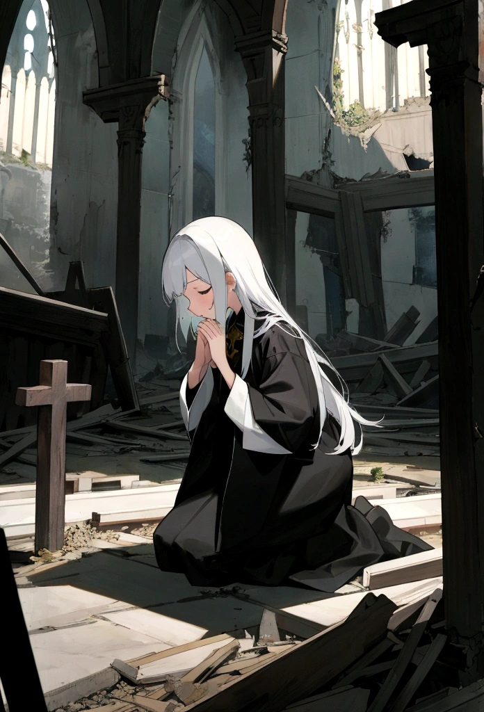 night、A woman kneels and prays in a spooky abandoned church。Saint's Clothes。Collapsed building。The end of the world。