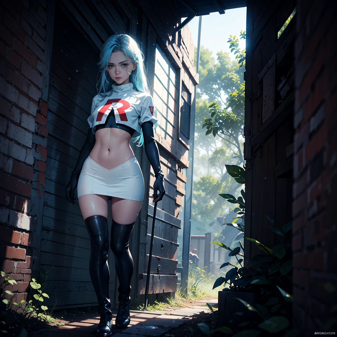 1girl, (solo), very long straight hair, light blue hair, flat chest, small size, blue eyes, fair skin, glossy lips ,team rocket uniform, red letter R, white skirt, white crop top, black thigh-high boots, black elbow gloves, perverted face, red cheeks, looking down on viewer, walking, naked sex, sex view, full body, (days), sun, out forest, (very sexy body, detailed face, masterpiece, highly detailed, 8k, best quality, vibrant colors, digital art, concept art)