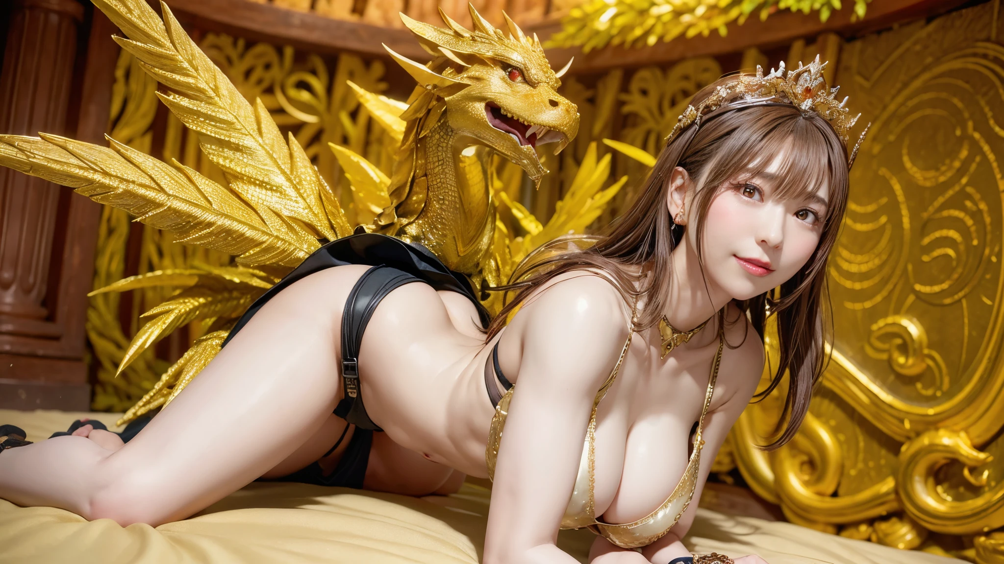 One girl,Bracelet,armor,chest,dark_skin,Helmet,jewelry,Moderate_chest,belly button,pelvis_curtain,Realistic,alone,Veil,(Bouncy round ass),(shed a big tear_chest:1.3),One piece high bikini,Gold Bra,gold jewelry,Golden Wrist,Transparent tulle,(Muscular:1.25),golden battle armor,High Tech Palace,smile,Sexual suggestion,heavy armor,Golden dragon background,
