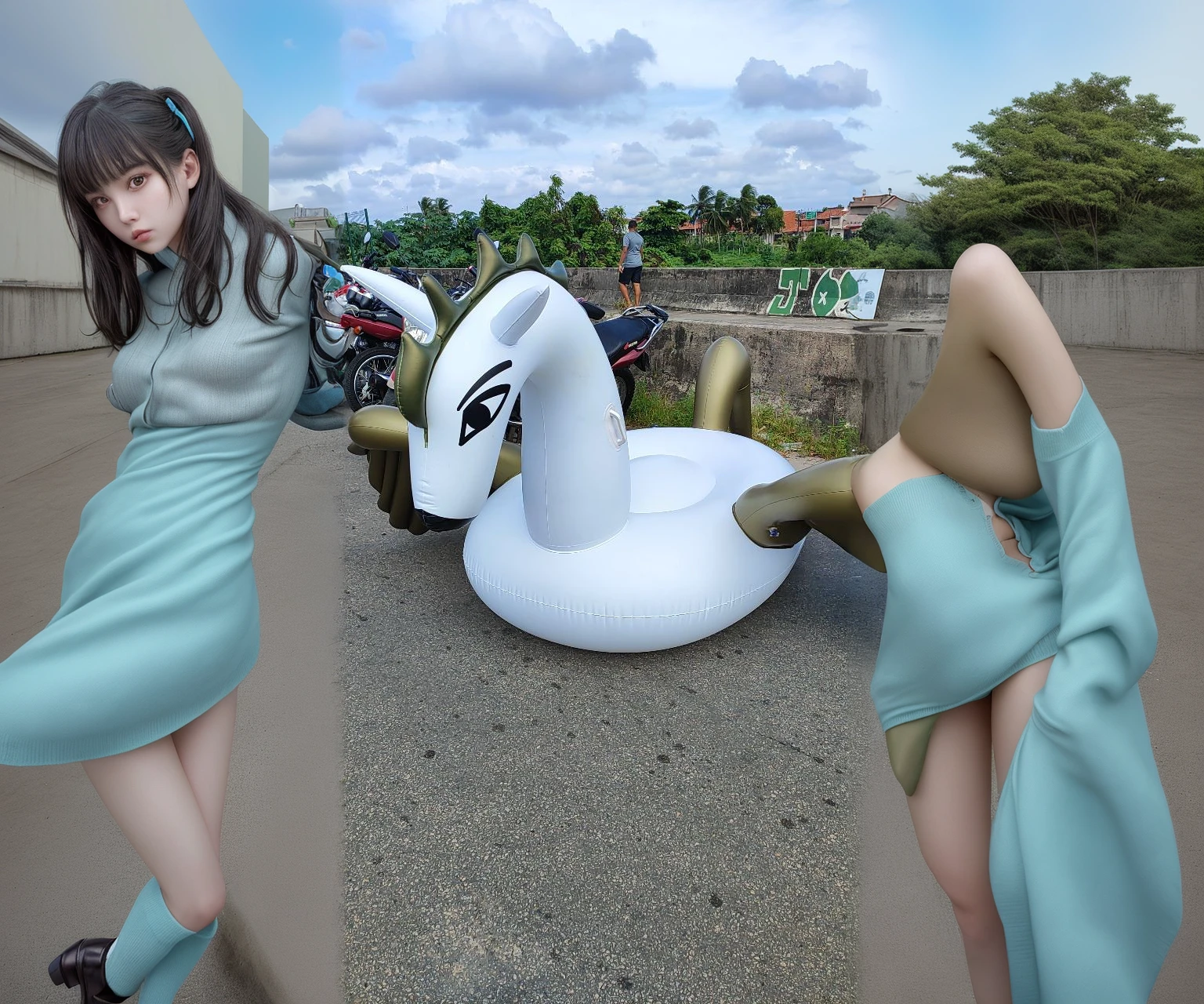 (work of art, best qualityer, high resolution), he cultivated four (oshi no ko), cyan cardigan, sweater, tenebrosa_Unripe_chemise,mini-skirt, standing, open open clothes, standing alone,