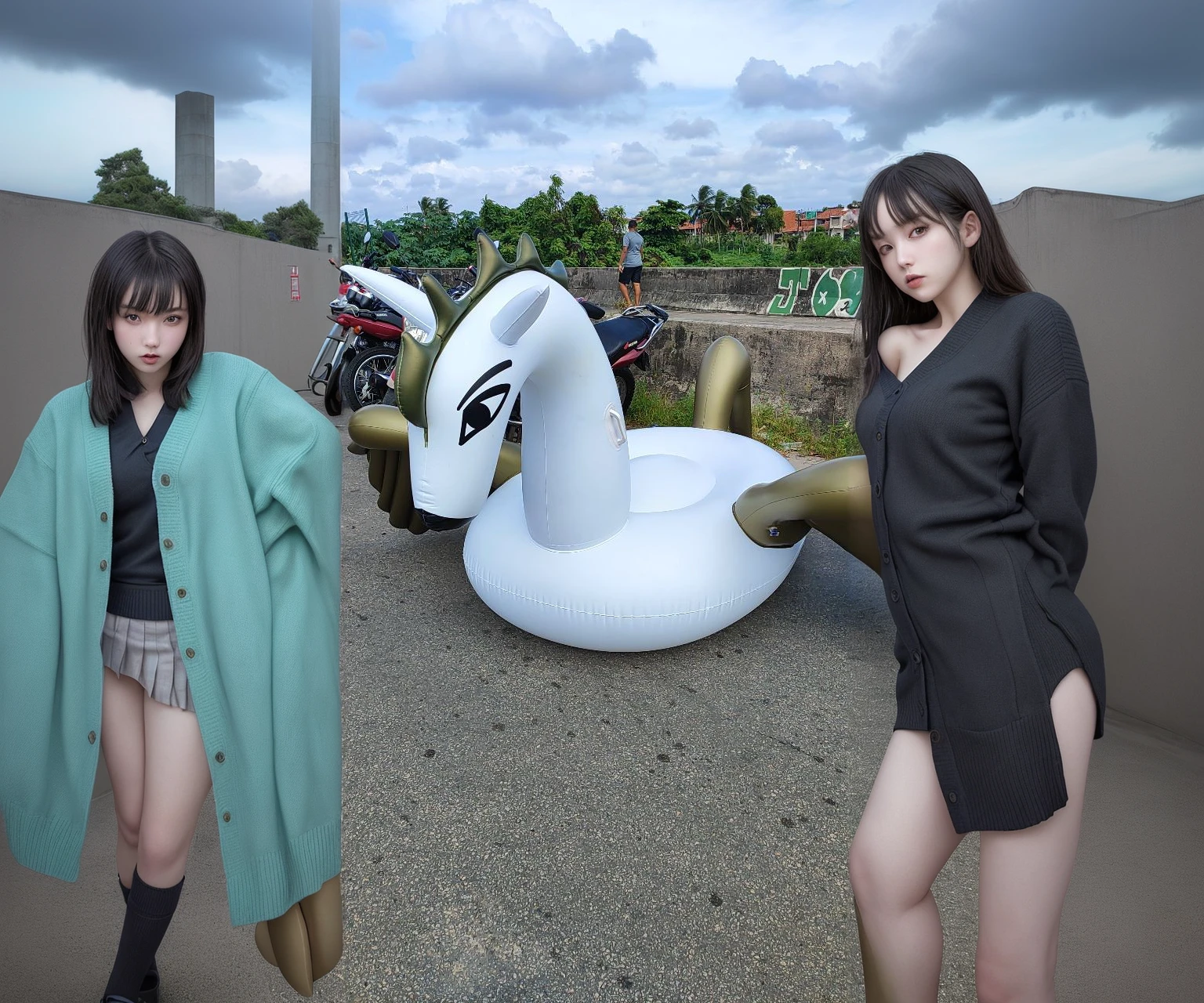 (work of art, best qualityer, high resolution), he cultivated four (oshi no ko), cyan cardigan, sweater, tenebrosa_Unripe_chemise,mini-skirt, standing, open open clothes, standing alone,