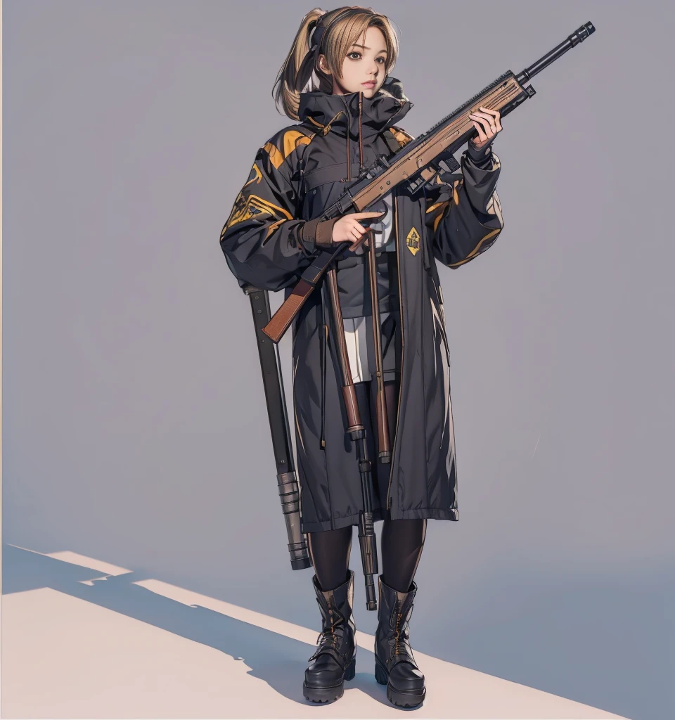 Elaizaikedareal, 1girl, solo, short hair, skirt, blonde hair, red eyes, gloves, ponytail, weapon, pantyhose, hairband, boots, holding weapon, gun, black pantyhose, rifle, one knee, sniper rifle, scope, shell casing