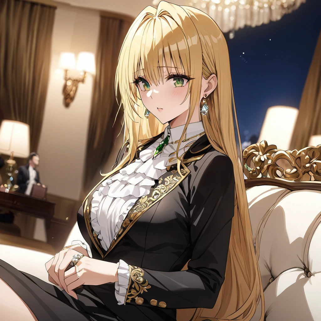 ((Highest quality)), ((masterpiece)), (detailed), （Perfect Face）、The woman is a thief with green eyes and medium-long blonde hair. She is wearing a luxurious black skirt-type suit with gold embroidery and trim, a luxurious and elegant white blouse with frills, jeweled earrings, and an engagement ring.、A woman is sitting with a man on a luxurious sofa in a luxurious room、The man is a dignified, bearded old man, very wealthy, dressed in luxurious clothes and wearing an engagement ring.