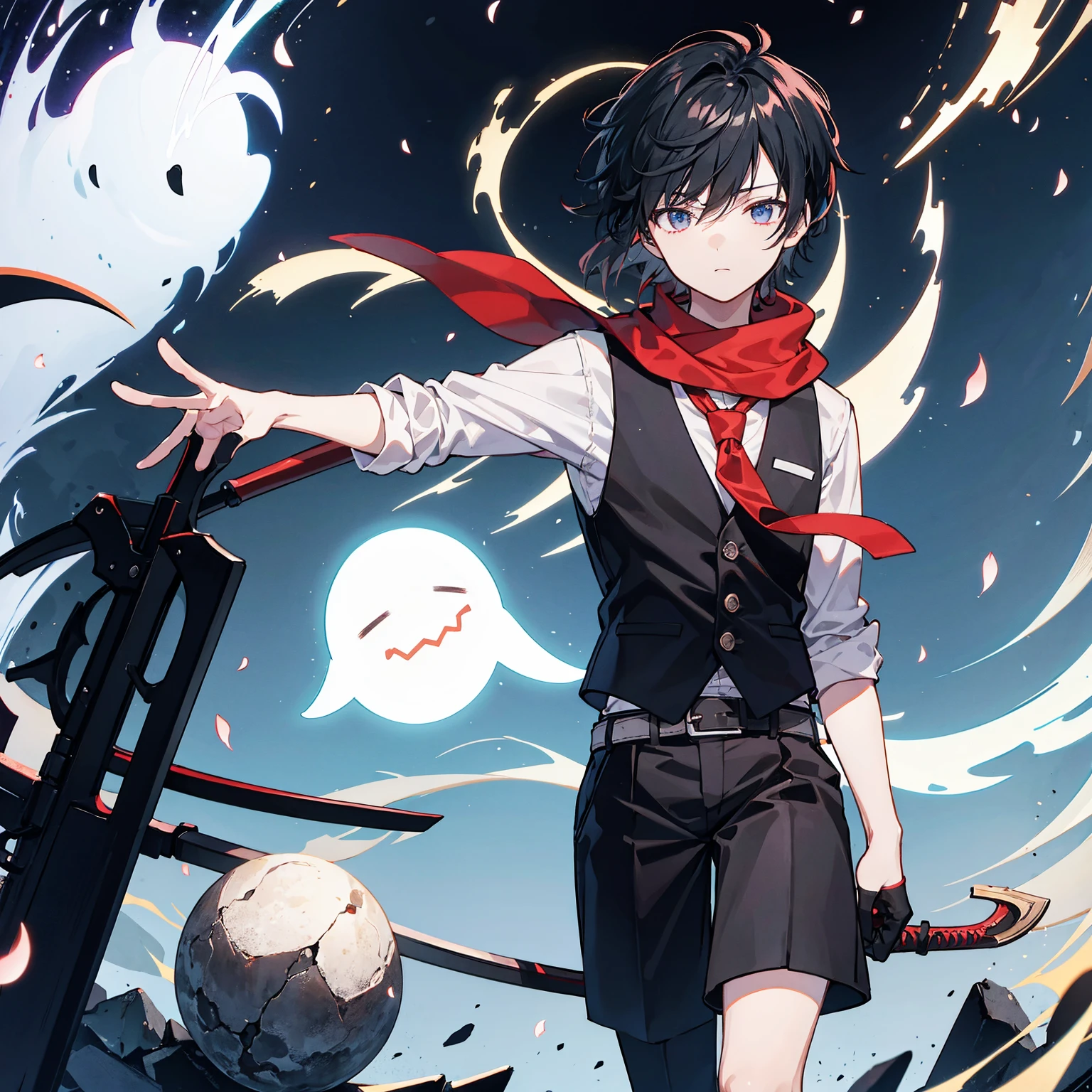 1 sticker manual, 2D, simple background, minimum, beautiful, tiny, pastel color, vector style, no gradient, masterpiece, best quality, anime, very detailed eyes, very detailed face, perfect ilumination, cowboy shot, feet out of frame, boy, male, 1 boy in, alone, black hair, messy hair, standing, black vest, red necktie, black pants, white sleeves, black gloves, black scarf, one eye on the scraf, grey pet ghost, floating ghost carrying a yellow scythe,