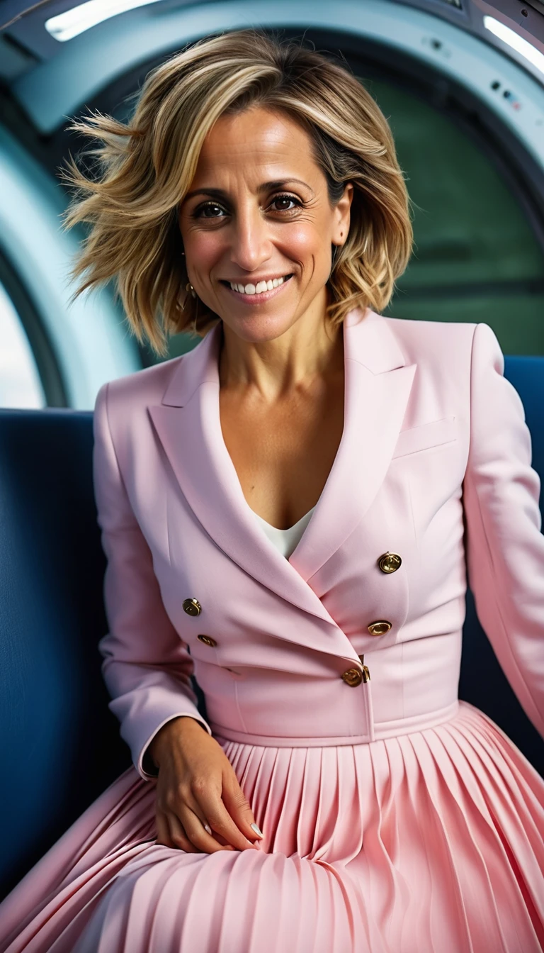 Full body shot of an Insatiable Skirt lover and kind, shy woman Emily Maitlis having Intense Orgasming love for her skirt, sitting and wearing (long pleated full circle skirt), uniform jacket and strapless low pump office shoes, (pronounced (feminine) features), (very windy), skirt is flowing wildly in the wind, inside a spaceship travelling through deep space, very, very intricate hyper-detailed symmetric (attractive graceful young feminine face) with (sad, tired eyes and a loving smile), very voluptuous breasts, full of empathy and compassion and love, (pronounced (feminine) features), (highly detailed ultra accurate realistic) hands and fingers, (windy), epic composition, highly detailed attributes, (35mm f1.4 Kodak portra 400 photograph), extremely high quality RAW photograph, highly detailed atmosphere, sci-fi, cinematic shot, dynamic lighting, 75mm, Technicolor, Panavision, cinemascope, sharp focus, fine details, 8k, HDR, realism, realistic, key visual, film still, superb cinematic color grading, depth of field