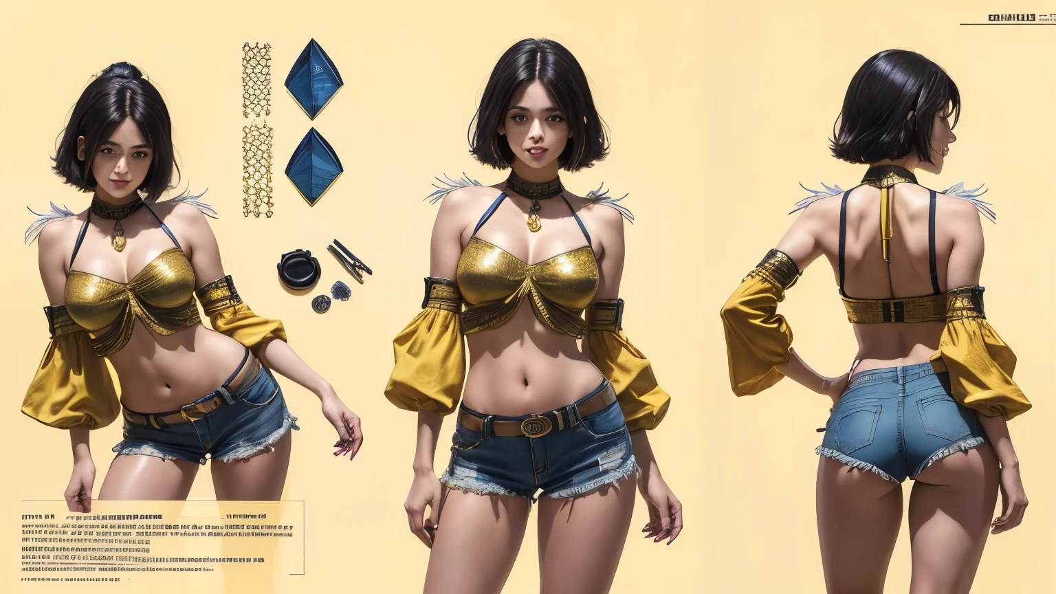 (best quality,4k,8k,highres,masterpiece:1.2),ultra-detailed, Middle Eastern college student, sks woman, short hair, girl, Thick body, wide hips, thick thighs, large breasts, yellow sequin halter top, blue punk skirt, stylish jean shorts, stylish blouse, stylish purse, Dancing, Joyous smile on her face, Flirting with viewer, drawn in the style of Yoshitaka Amano, HDR, 8k, absurdres, cinestill 800, sharp focus ((Masterpiece, best quality) detailed, character sheet, many items (+ detailed item description, many parts), + character description, full of details.) concept-art, reference sheet
