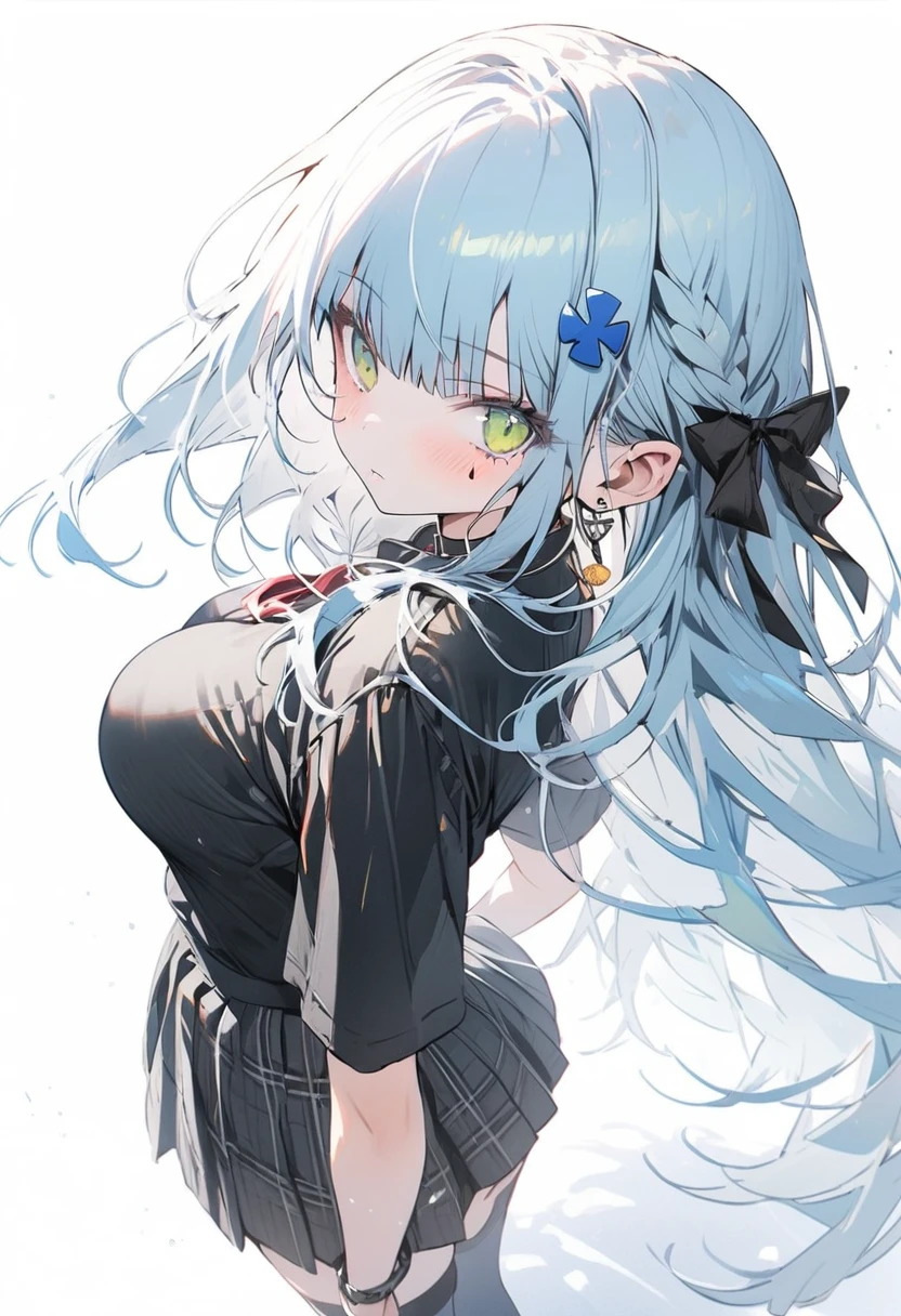 （(1girl))，(((high resolution))),((full body)),straight hair,large breatst,Masterpiece，Super detailed，((white background))，Cool look,((hk416)) ，childish appearance,expressionless,blunt bangs,Sky blue hair，long hair，big ,Teenage Girls,Clear Eyes，Green Eyes,White skin,Great graphics,black jacket,thigh-high socks,plaid skirt,skirt-lift