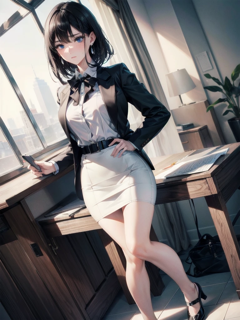 absurdres, RAW photo, extremely delicate and beautiful, masterpiece, Best Quality, ultra high resolution, 32k, hyperrealistic, ultra-detailed, delicate facial features, beautiful detailed woman, tearful mole, earring, medium breasts, full body shot, medium hair, black hair, white collared shirt, pencil skirt, business suit,