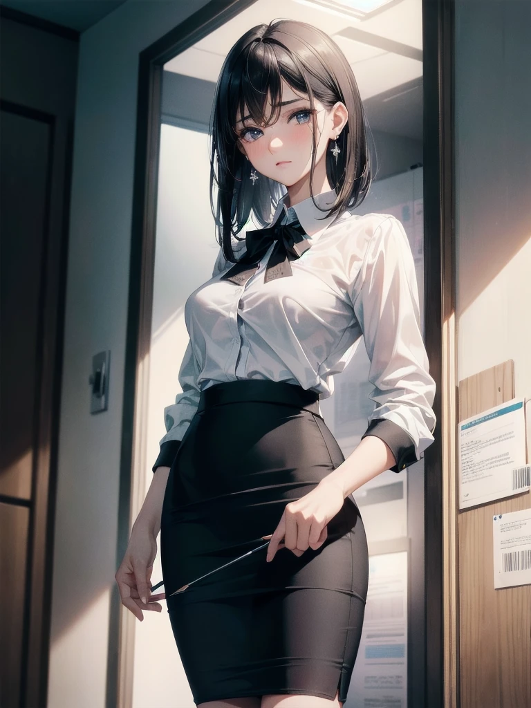 absurdres, RAW photo, extremely delicate and beautiful, masterpiece, Best Quality, ultra high resolution, 32k, hyperrealistic, ultra-detailed, delicate facial features, beautiful detailed woman, tearful mole, earring, medium breasts, full body shot, medium hair, black hair, white collared shirt, pencil skirt, business suit,