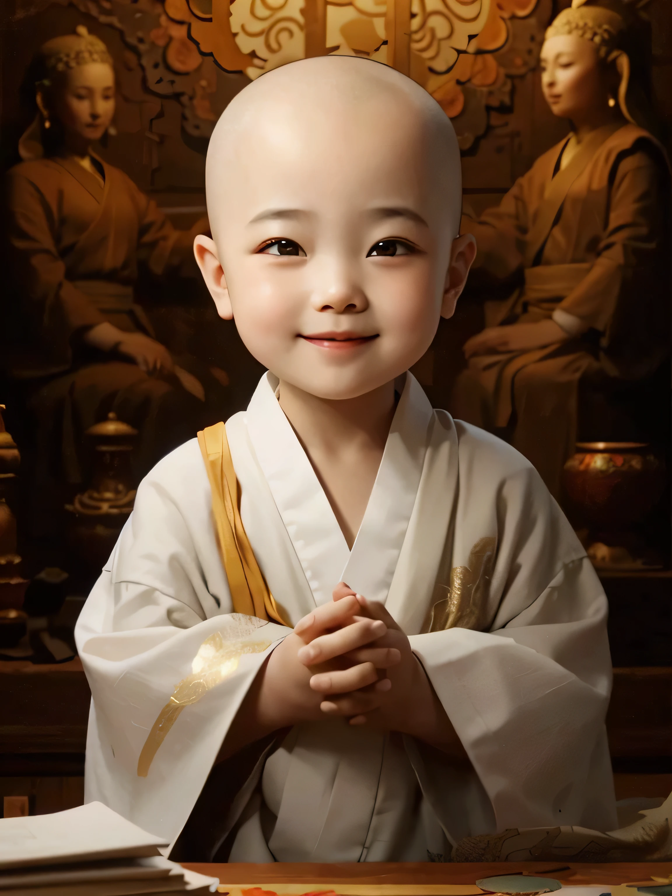 3 year old bald monk,Wearing a white robe,Chubby little face,Big round eyes,High nose bridge,With a smile,They were holding hands.,Sitting cross-legged。Lotus pattern background。Kilo