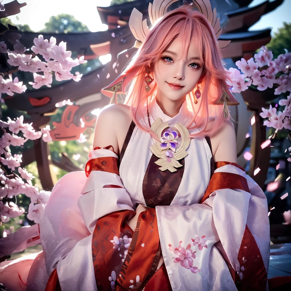 nsfw,full body,kpop idol, yae miko, detached sleeves, bare shoulders, pink hair, long hair, japanese clothes, best quality, (painting:1.5), (hair ornament:1.35), jewelry, purple eyes, earrings, breasts, torii, cherry blossoms, lantern light, depth of field face focus, ribbon_trim, (looking at viewer:1.25), nontraditional miko, shiny skin, long sleeves, smile, thick lips, hands on lips, east asian architecture, (blurry background:1.2), sitting, upper body,((ultra high res, 8k, RAW photo, best quality, masterpiece:1.47746,realistic:1.4, photo-realistic:1.4,cinematic lighting:1,intricate details:1,raw photo:1))(((ultra-detailed:1.47746))),professional lighting,((physically-based rendering:1)), ((ruddy skin:1,sweat))lens flare,ray tracing ,(extremely detailed face, beautiful detailed eyes,expressive hair:1.5,shiny hair;1)cinematic lighting,(vivid expression) (body muscle:1) solo(1girl:1.5)((smiling:1),(plump figure:1,blance body:1)(realistic hand,realistic clothes)