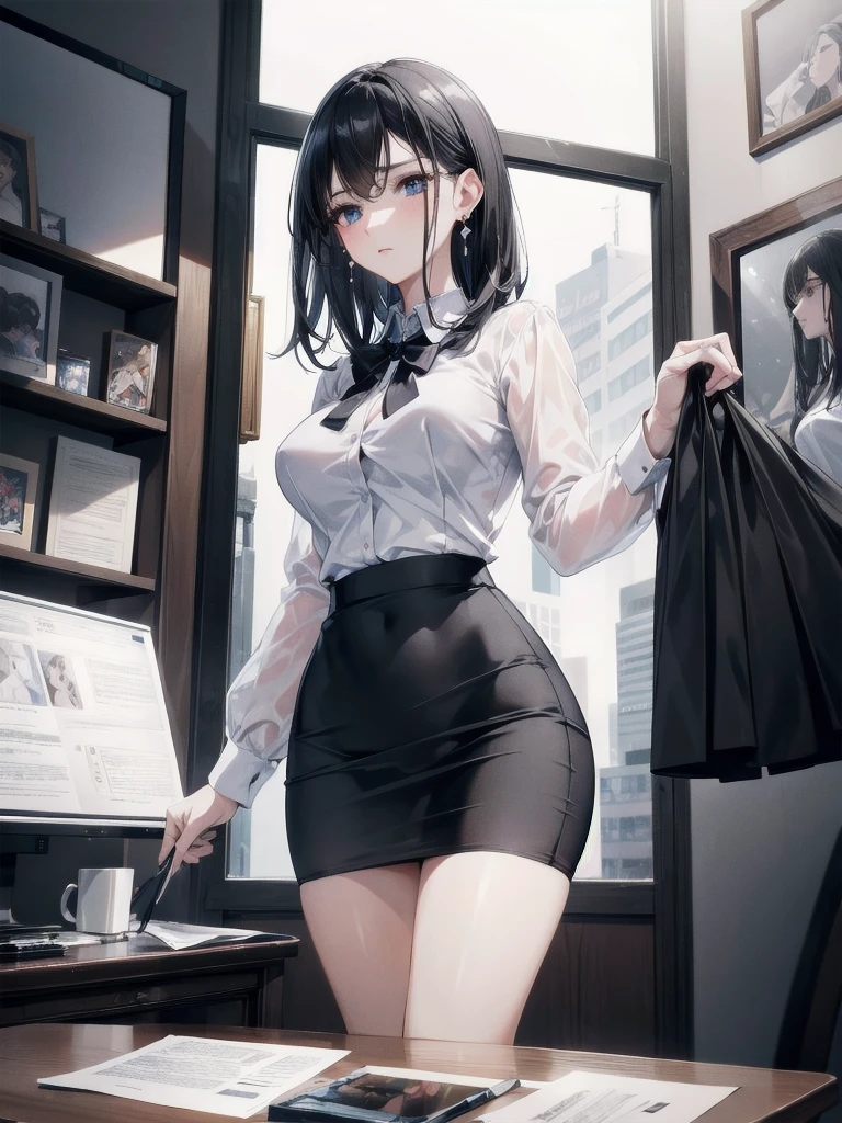 ((((absurdres, RAW photo, extremely delicate and beautiful, masterpiece, Best Quality, ultra high resolution, 32k, hyperrealistic, ultra-detailed)))), in her 20s, very Slim body, narrow waist, very small head, very small face, delicate facial features, beautiful face, beautiful eyes, ((very huge round tits)), medium hair, black hair, wavy hair, tearful mole, earring, full body shot, business suit, pencil skirt, blazer, dress shirt, tie,