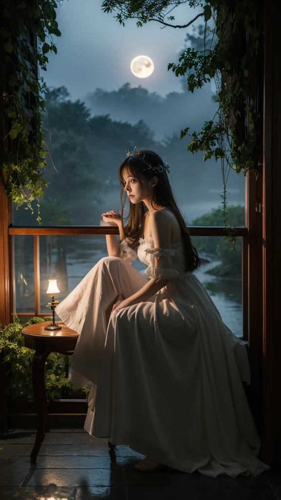 (masterpiece, best quality:1.2), 1 girl, Solitary, Deep into Wonderland，Moonlight falls like water，Foggy Room，The heroine&#39;s figure is vaguely visible，Like a fairy in a painting，Slender sexy legs，Very beautiful legs，Show sexy，Large Breasts，美丽而又带着一丝mystery的色彩。Her face is beautiful and delicate，Like a finely carved jade，Showing extraordinary beauty。How to draw eyebrows，The waves in my eyes are like twinkling stars，Show the light of perseverance and wisdom。The bridge of the nose is straight，Cherry lip color，The slightly upturned corners of the mouth reveal confidence and calmness。Her face is chiseled，Skin like jade，Reveal healthy glow，Just like fairies, She never eats fireworks in this world。Her makeup is light and delicate，No excessive embellishment，But it is enough to show her temperament and charm。Light foundation highlights the translucence of the skin，A light eyebrow pencil outlines her perfect eyebrow shape，Eye makeup is eye shadow and eyeliner，Make her eyes brighter、Energetic。嘴唇涂上grace的口红，Add a touch of charm and sophistication。她的衣服grace别致，Clothes fluttering，As if the wind will blow it up at any time，Drifting away。既不失grace，She also demonstrated her extraordinary skills。Swinging with her movements。Her hair was tied back casually.，Secure with a jade hairpin，A few strands of hair fluttering gently in the wind，Add a touch of softness。She seems like a fairy in wonderland，Large Breasts美丽、grace、mystery、Full of power。lifelike, high resolution，illustration, Very detailed，Level of detail, high resolution, Very detailed, best quality