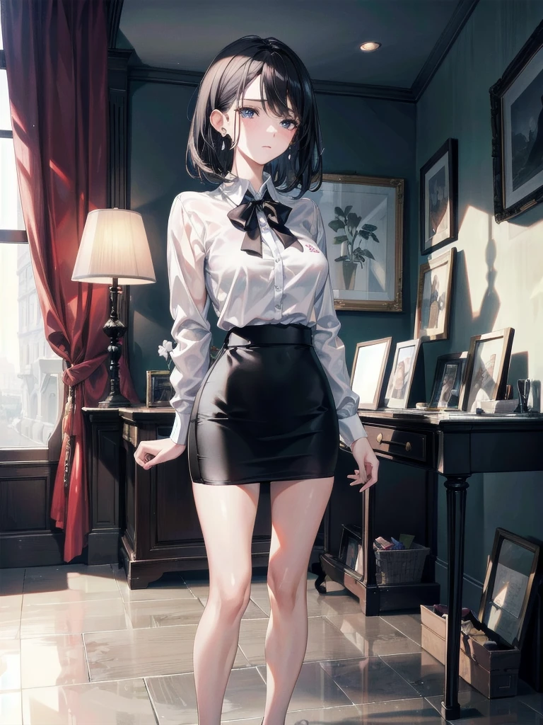 absurdres, RAW photo, extremely delicate and beautiful, masterpiece, Best Quality, ultra high resolution, 32k, hyperrealistic, ultra-detailed, delicate facial features, beautiful detailed woman, tearful mole, earring, medium breasts, full body shot, medium hair, black hair, white collared shirt, pencil skirt, business suit,