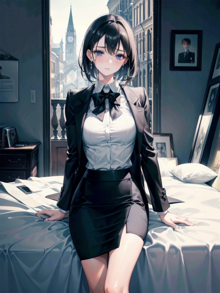 absurdres, RAW photo, extremely delicate and beautiful, masterpiece, Best Quality, ultra high resolution, 32k, hyperrealistic, ultra-detailed, delicate facial features, beautiful detailed woman, tearful mole, earring, medium breasts, full body shot, medium hair, black hair, white collared shirt, pencil skirt, business suit,