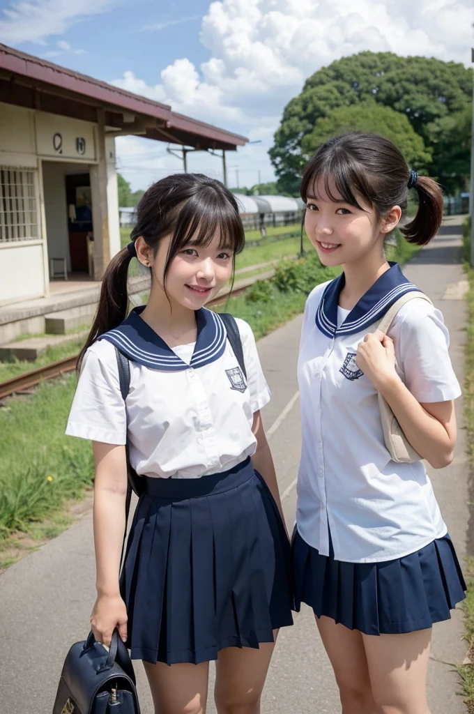 girls in rural railway station,Japanese train on far side,cumulonimbus cloud in summer sky,short-sleeved white shirt with sailor collar,navy blue pleated skirt,school bag,18-year-old,bangs,a little smile,thighs,knees,short hair with low pigtails bunches,from beside,front light