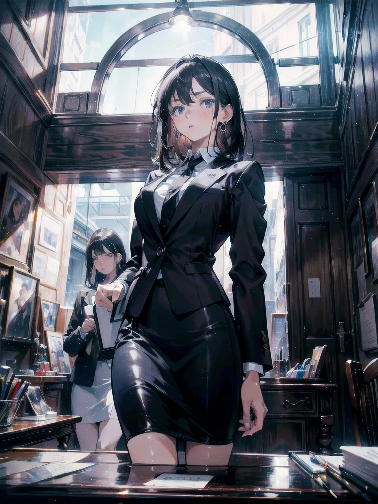 absurdres, RAW photo, extremely delicate and beautiful, masterpiece, Best Quality, ultra high resolution, 32k, hyperrealistic, ultra-detailed, delicate facial features, beautiful detailed woman, tearful mole, earring, medium breasts, full body shot, medium hair, black hair, white collared shirt, pencil skirt, business suit,