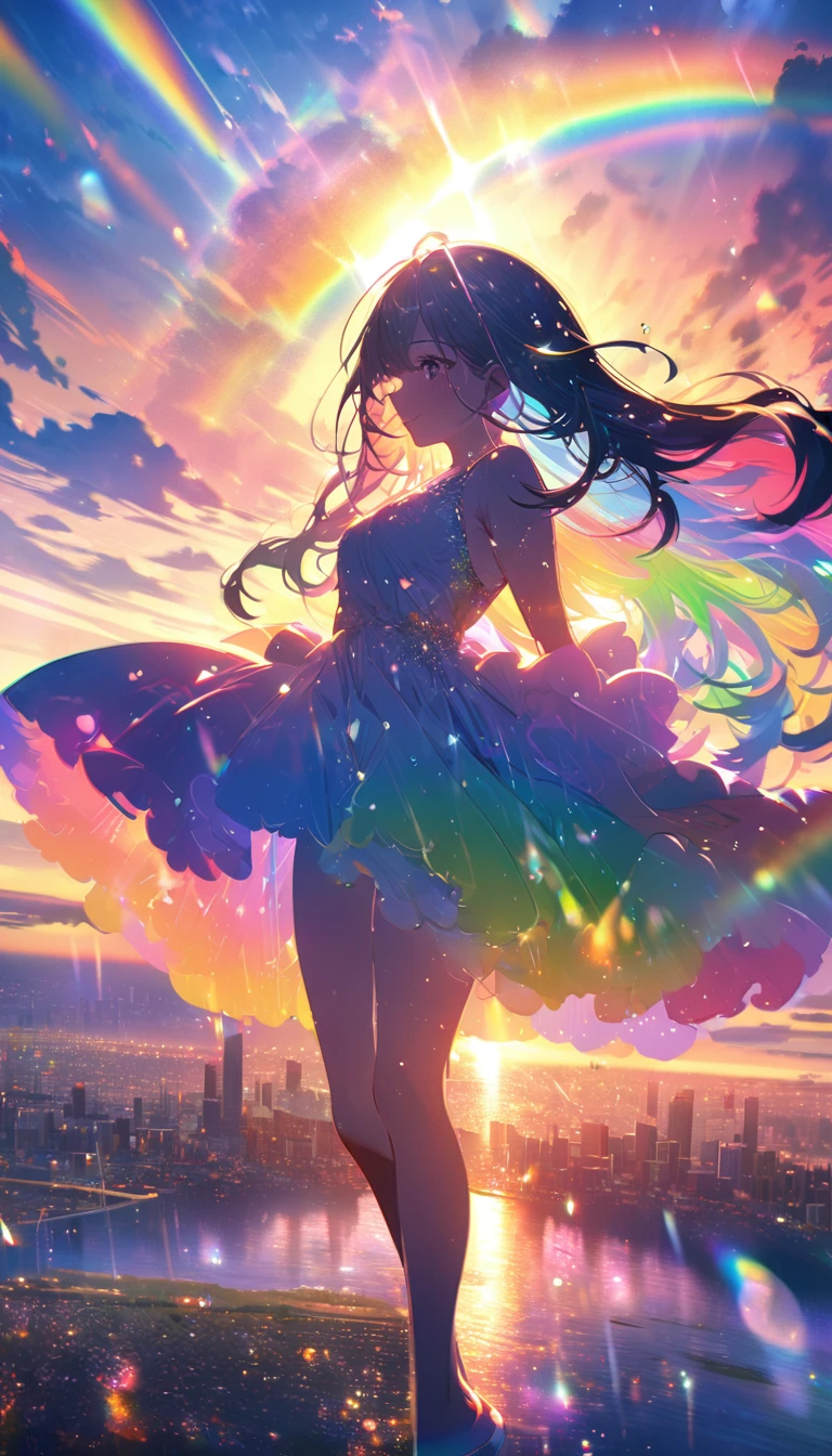 Angelic, detailed woman, sunrise, rainbow, After the Rain, horizon, In the sky, city , Lens flare, colorful, High resolution, 8K