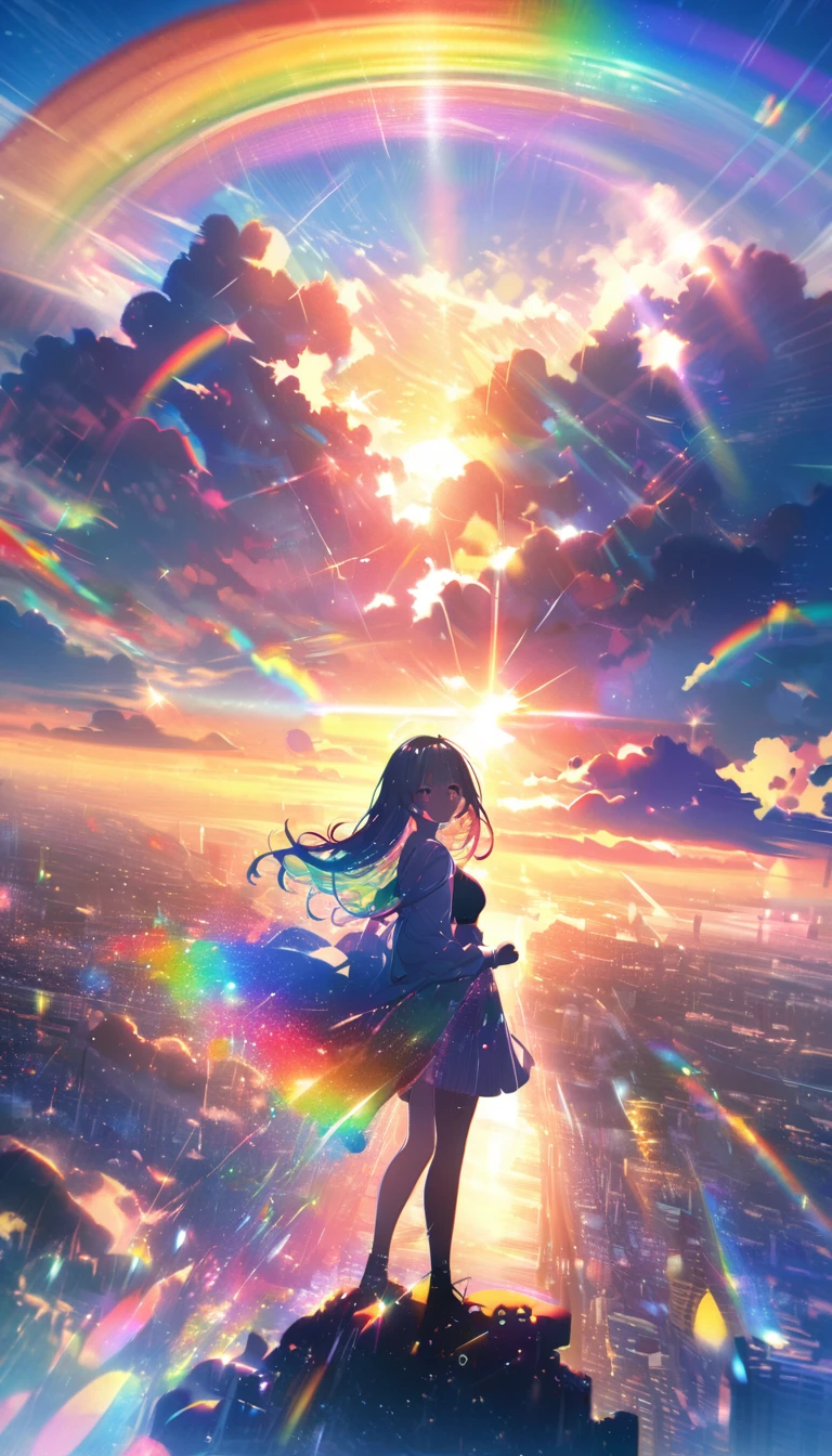 Angelic, detailed woman, sunrise, rainbow, After the Rain, horizon, In the sky, city , Lens flare, colorful, High resolution, 8K