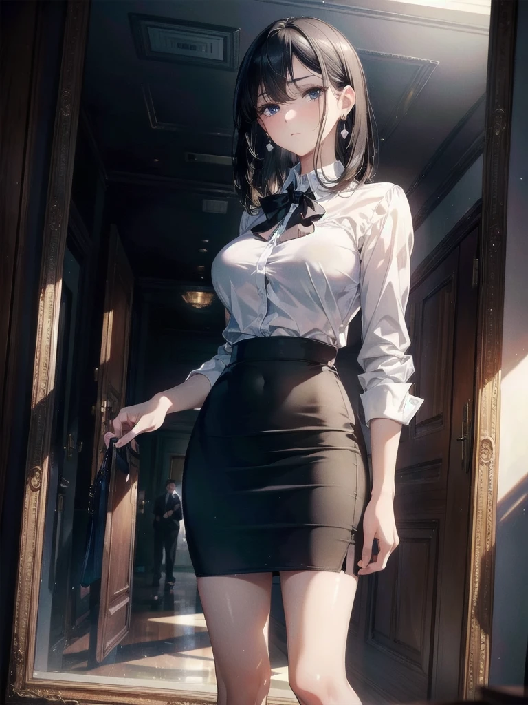 absurdres, RAW photo, extremely delicate and beautiful, masterpiece, Best Quality, ultra high resolution, 32k, hyperrealistic, ultra-detailed, delicate facial features, beautiful detailed woman, tearful mole, earring, medium breasts, full body shot, medium hair, black hair, white collared shirt, pencil skirt, business suit,